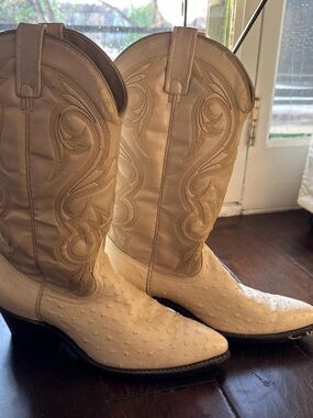 Cream Western Ostrich-Textured Cowboy Boots